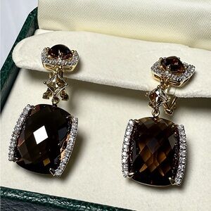 Beautiful 14 K Gold & Diamond with Smoky Topaz Earrings